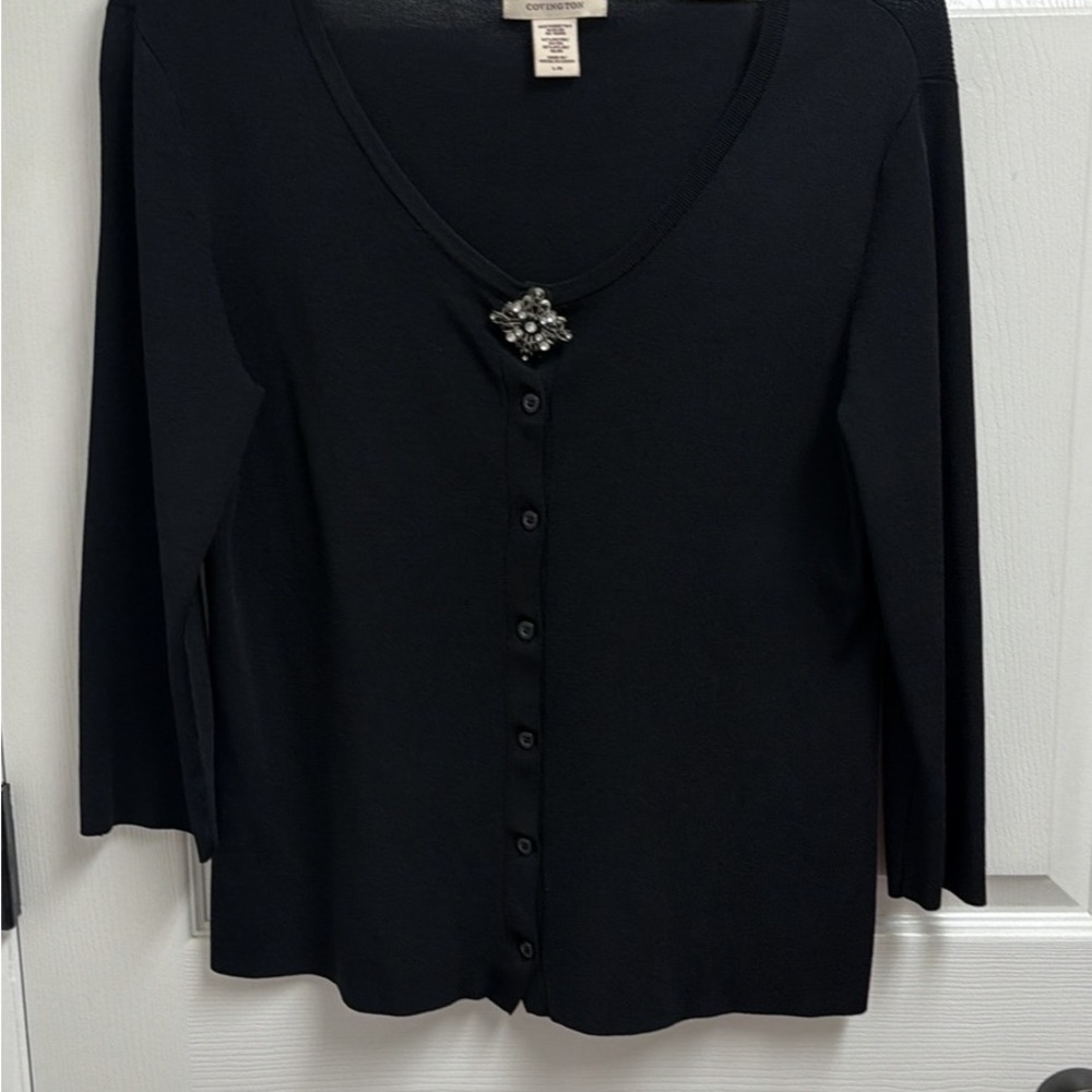 Black Button-Up Women's Top light sweater Large with brooch